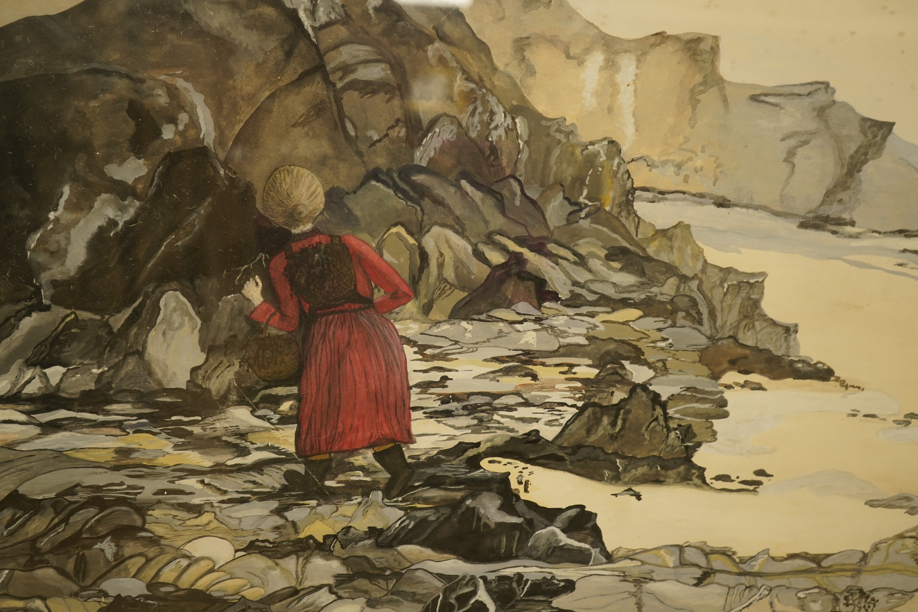 Cornish School, Woman before cliffs, indistinctly signed and dated ‘86, watercolour and gouache, 49 x 77cm